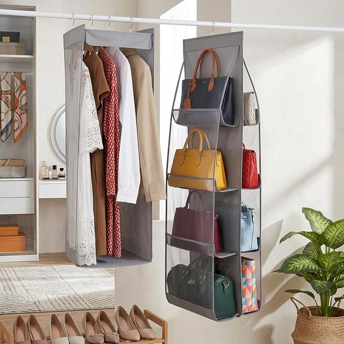 3 Pack Hanging Handbag Organizer for Closet, Purse Organizer For Closet, Handbag Storage Holder with 8 Clear PVC Pockets, Sturdy Hook for Wardrobe Door and Wall, Space Saving Gray