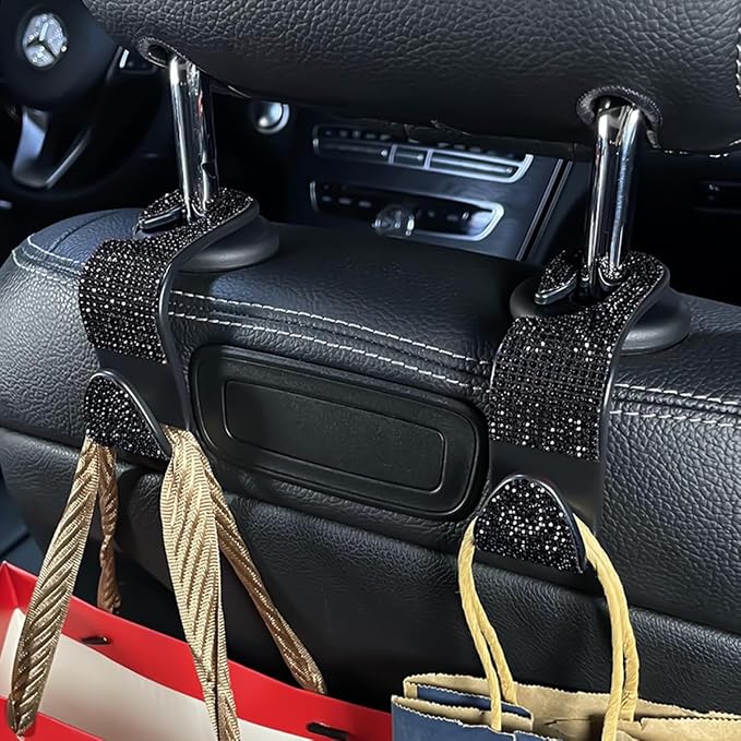 Zpana 4PCS Bling Car Seat Headrest Hooks, Vehicle Back Seat Purse Handbag Hanging Holder with Crystal Rhinestone, Diamond Storage Organizer Hook, Universal Automotive Accessories (Orange)