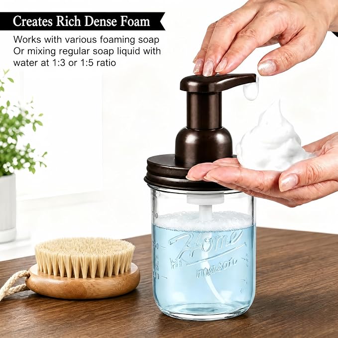 SheeChung Mason Jar Foaming Soap Dispenser, Glass Foaming Hand Soap Dispensers, Stainless Steel Lid, Refillable Foam Soap Dispenser for Bathroom Kitchen, Farmhouse Bathroom Decor (2 Pack, Bronze)