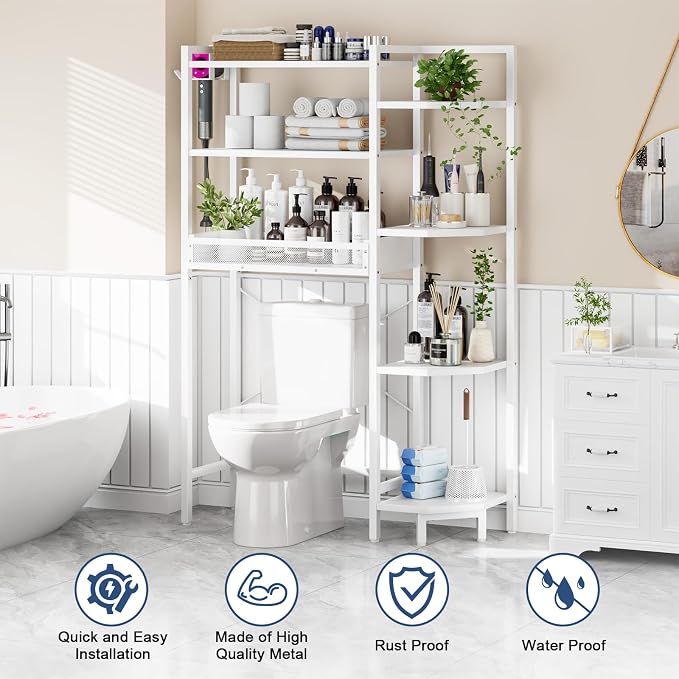 K1 Heavy Duty 7-Tier Over The Toilet Storage（With Basket and Paper Hook）Freestanding Above Toilet Shelf with Adjustable Feet，Space Saver Bathroom Shelves 9.3"D x 33.5"W x 63.8"H，Beige White