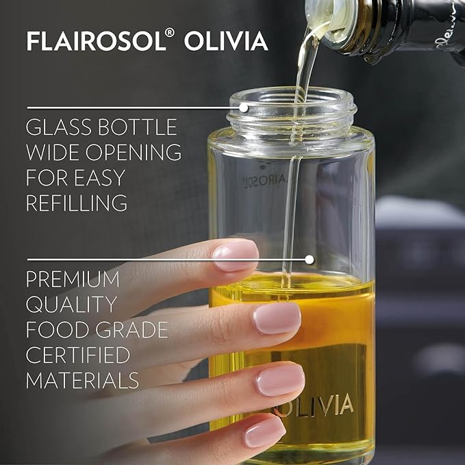 OLIVIA Signature The Original Advanced Oil Sprayer for Cooking, Salads, BBQs and More, Continuous Spray with Portion Control, Trusted by Chefs. Patented Technology. (Glass Bottle) (Gold Print)