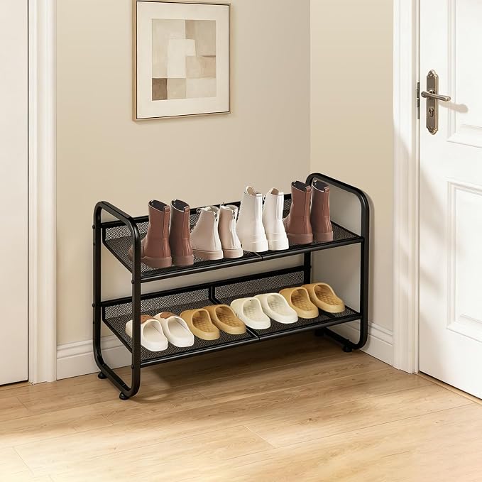 2 Tiers Metal Shoe Rack for Entryway Closet Hallway Bedroom Garage | Shoe Storage Organizer, Mesh Shoe Shelves, Freestanding, Stackable, Adjustable, Rustproof Black