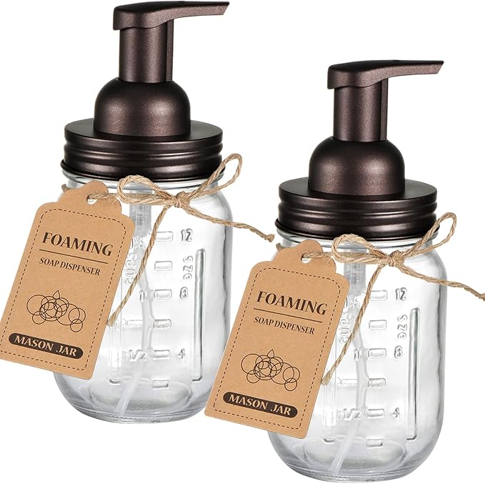 SheeChung Mason Jar Foaming Soap Dispenser-Rustproof Stainless Steel Lid & Foaming Soap Pump, Refill Foam Hand Soap Dispenser Glass for Bathroom Kitchen Vanities, Countertops-Bronze (2 pk)
