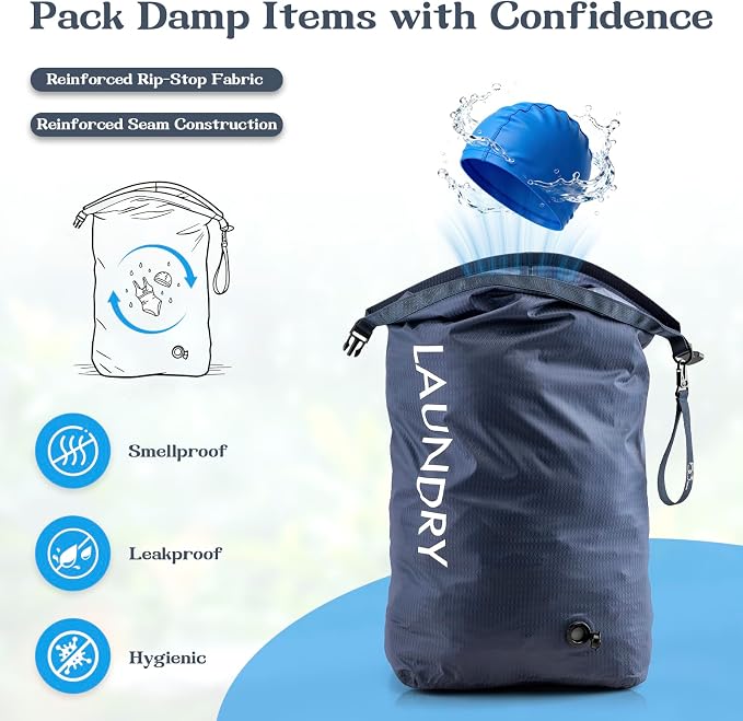 Travel Laundry Bag, Waterproof Compression Storage for Dirty Clothes | Wet/Dry Space-Saving Laundry Storage Organizer, Smell Proof Storage Bag for Clothing, Swimming, Yoga, Gym, Camping,L