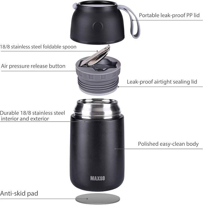 MAXSO 2 Pack Soup Thermo for Hot & Cold Food for Kids Adults, Vacuum Insulated Food Jar Thermal Lunch Containers, Travel Food Flask with Spoon (24 oz,17 oz) (Black)