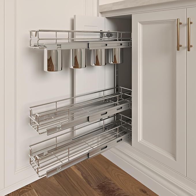 Sikarou 3-Tier 5" W x 21" D Narrow Pull Out Cabinet Organizer, Roll out Spice Rack Holder Shelve, Slide Out Slim Storage Wire Baskets for Storage Organization