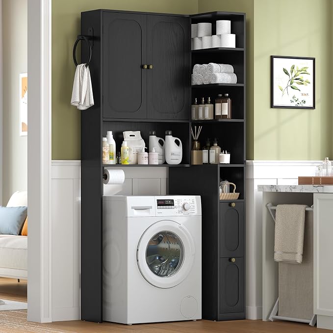 7-Tier L-Shaped Wooden Over the Toilet Storage Cabinet with Doors, Modern Over Toilet Bathroom Organizer Shelf with 2 Large Drawers, Bathroom Over Toilets Storage Cabinet, Space Saver, Black