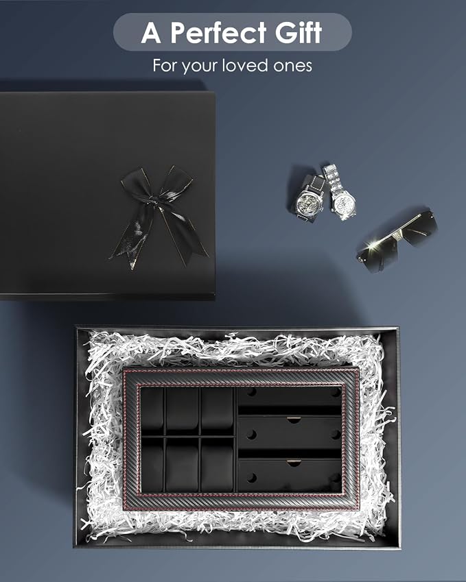 Kukikan Watch Jewelry Box Organizer, 6-Slot 2-Layer Watch Case and Sunglasses Storage with Large Glass Lid, Men's Jewelry Box with Lock, Watch Holder Display Case, Fathers Day Gift for Dad