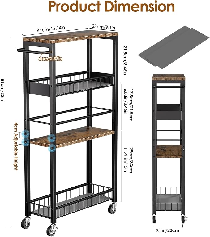 Slim Rolling Storage Cart, 4 Tier Narrow Storage Cart, 9.1in(W) | Metal Kitchen Rolling Cart for Small Spaces, Narrow Shelf for Kitchen, Laundry Room, Bathroom, Living Room