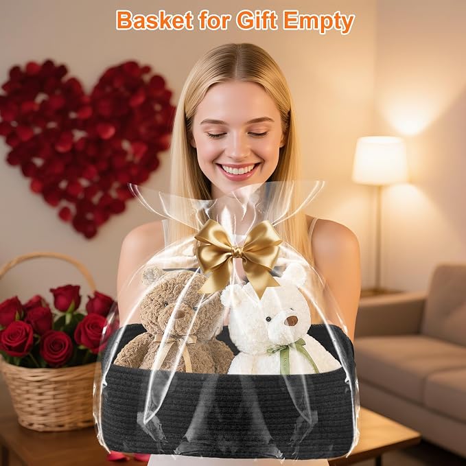 Small Storage Baskets for Organizing, Woven Storage Bins for Shelves, Gift Basket Empty, Baby Rope Basket, Dog Toy Storage, Decorative Closet Organizer, 11x7.5x4.5”, 3Packs Black