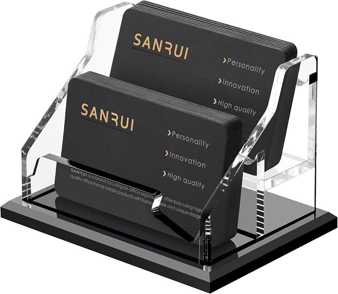 SANRUI Acrylic Business Card Holder, Black Business Cards Display Stand for Desk, Clear Horizontal 2 Slot Desktop Organizer , 120 Card Capacity