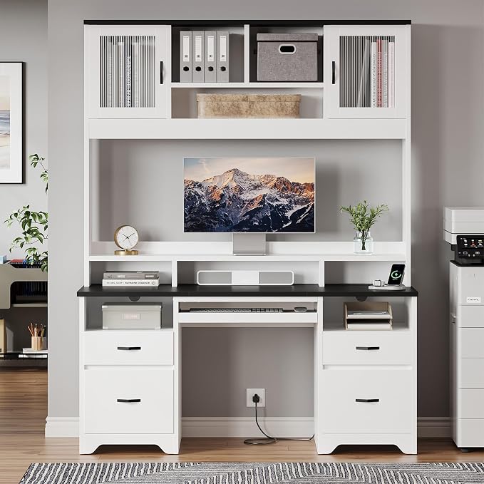 Bestier 77.8" H Computer Desk with Hutch, Charging Station, LED Light,White | Modern Wood Executive Desk with Drawers, Fluted Storage Cabinet, Keyboard Tray, 59" W Office Desk for Home Office