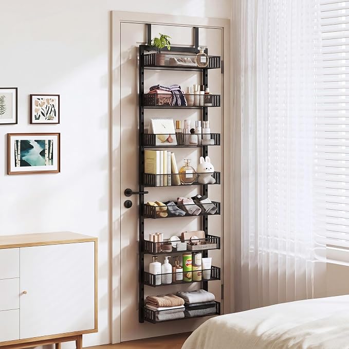 Over the Door Pantry Organizer, 2-in-1 Wall Mount or Hanging Spice Rack, 8-Tier Pantry Door Storage Shelf with Adjustable Baskets, Anti-Swing Design for Kitchen, Bathroom, Laundry Room