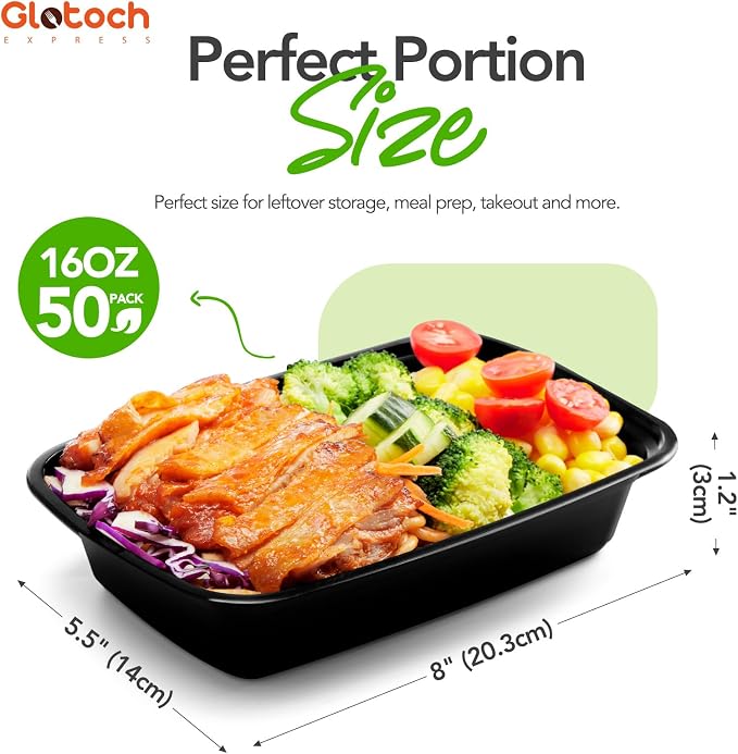 Glotoch Express Meal Prep Containers with Lids 16oz 50 Pack Leakproof | Reusable Food Storage Containers Airtight Microwave Freezer Safe Stackable Bento Lunch Boxes Ideal for Meal Prep Takeout