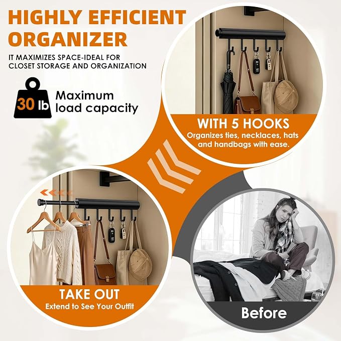 12 Inch Valet Rod for Closet Pull Out Heavy Duty Retractable Slide Out Closet Rod with 5 Hooks Space Saving Telescoping Clothes Hanger for Suits Laundry Room Wardrobe Black 1 Pack