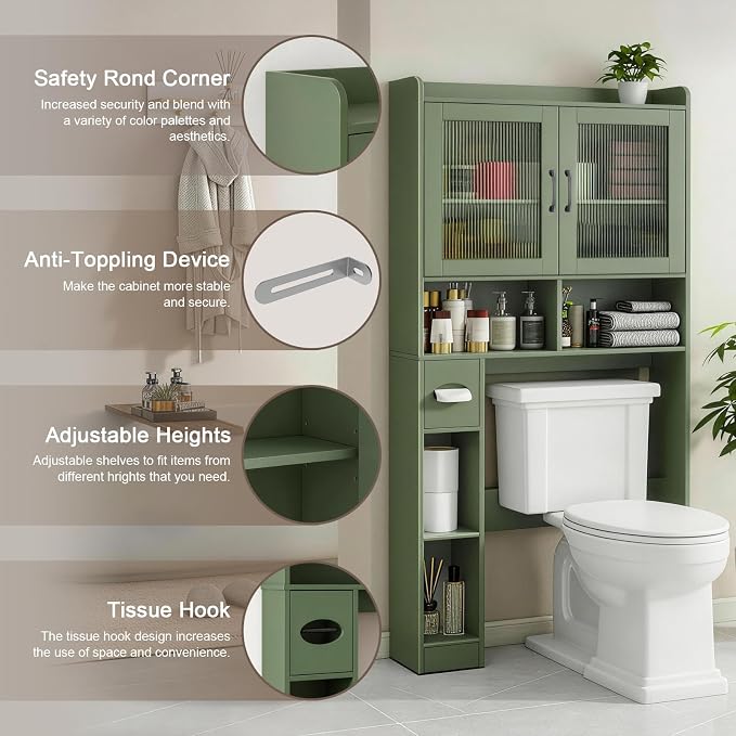 Vabches Over-The-Toilet Storage Cabinet, Farmhouse Style with 2 Acrylic Waves Doors, Space-Saving Home Storage Rack for Restroom, Bathroom and Laundry Room. Green