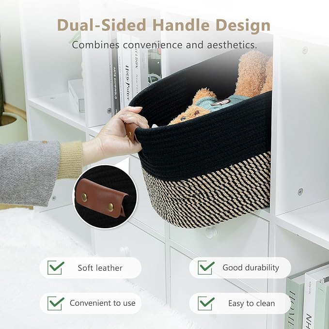 ECDYQXVU 15x10x9 Woven Cotton Rope Storage Basket, Leather Handles 2 Pack | Foldable Design, Sturdy PU Handles, Easy to Clean Organizer for Living Room, Closet, Shelves, Bedroom, Laundry, Clothes
