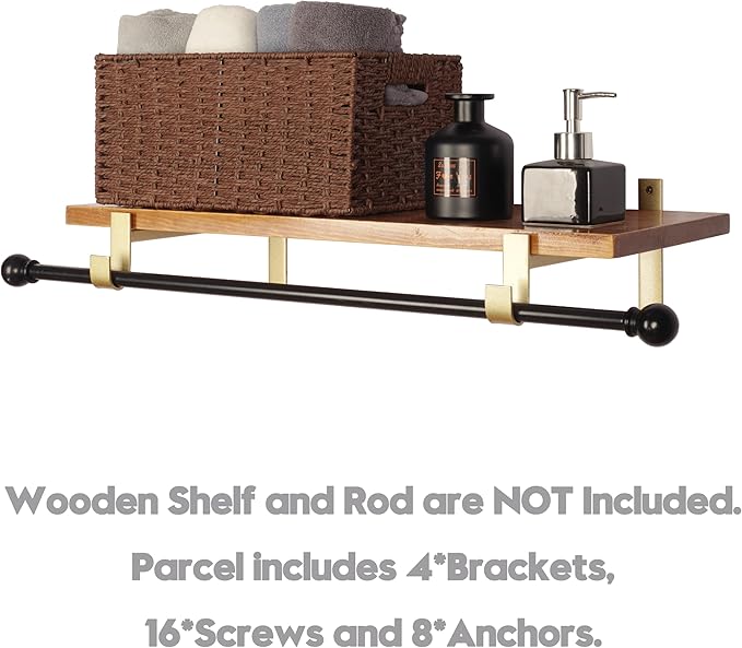 AddGrace Closet Rod Bracket Heavy Duty Shelf Brackets Gold 12 Inch 4 Pack | Fit for Closet Wardrobe Laundry Room and Kitchen, with Hook, Store Above and Hang Below, Supports 66 lbs, Easy to Install
