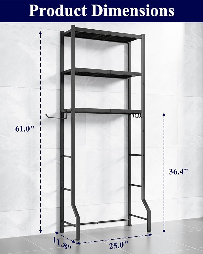 Kitsure Over The Toilet Storage Rack, 3-Tier Metal Frame | Small Bathroom, Space Saving Storage, Heavy Duty Metal Frame, Easy Assembly, Black, 61"H