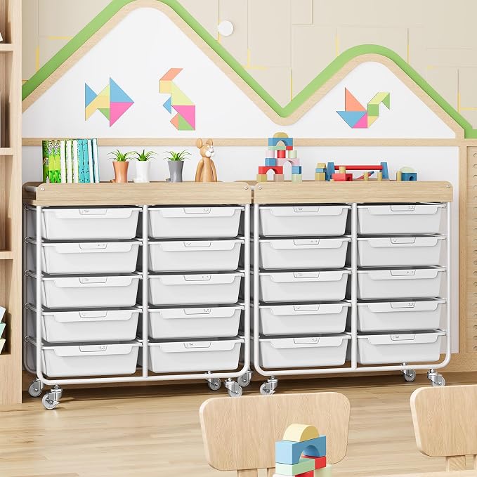 10-Drawer Rolling Cart, Art Cart with Wood Top & Side Handle, Multi-Purpose Craft Organizers and Storage with Lockable Wheels for Classroom, Dormitory, Craft Room and Art Supplies Organization(White)