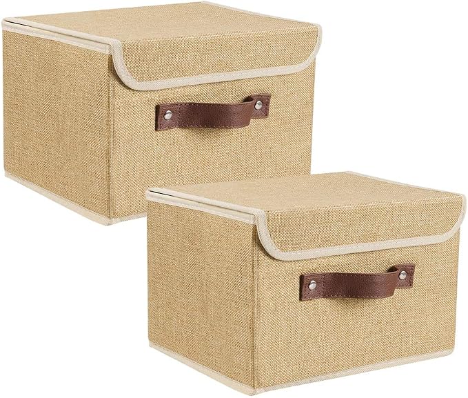 2Pack Storage Bins Boxes with Lids 15"x10"x10" Decorative Storage Baskets | Cotton Linen Fabric, Collapsible, Faux Leather Handles, Storage Cubes, Closet Shelf Clothes Organizer Container, Khaki