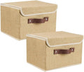2Pack Storage Bins Boxes with Lids 10" x 8" x 7" Decorative Storage Baskets | Cotton Linen Fabric, Collapsible, Faux Leather Handles, Storage Cubes, Closet Shelf Clothes Organizer Container, Khaki
