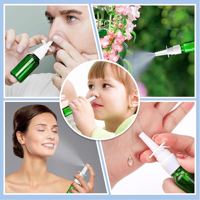 10 Pcs Nasal Spray Bottle, 10ML/0.35OZ Empty Glass Green Nasal Nose Spray Bottles Refillable with 2 Funnels and 2 Labels