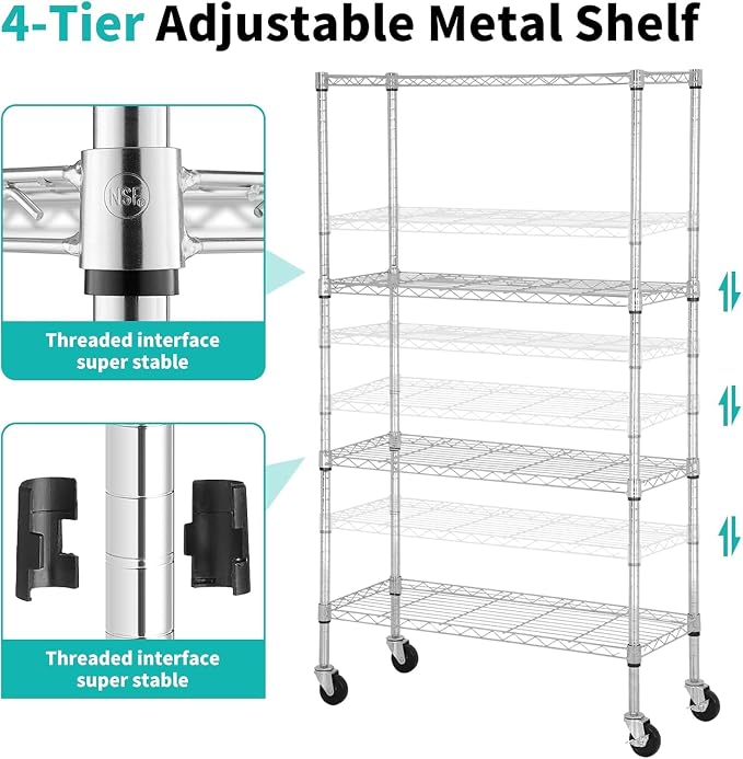 Meet perfect 4-Tier Wire Shelving Unit with Wheels, 1400LBS Heavy Duty Metal Storage Rack, NSF Certified Adjustable Steel Pantry Organizer for Garage, Kitchen, Laundry, 36" W x 14" D x 62" H