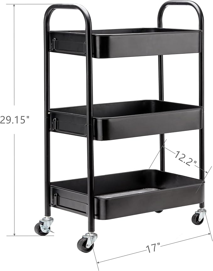 SETTFRFE 3-Tier Metal Rolling Storage Cart with Lockable Wheels,Black | Utility Cart for Kitchen Bathroom Dorm ,Movable Snack Cart & Art Cart for Esthetician Nail Lash Diaper,Tool-Free Assembly
