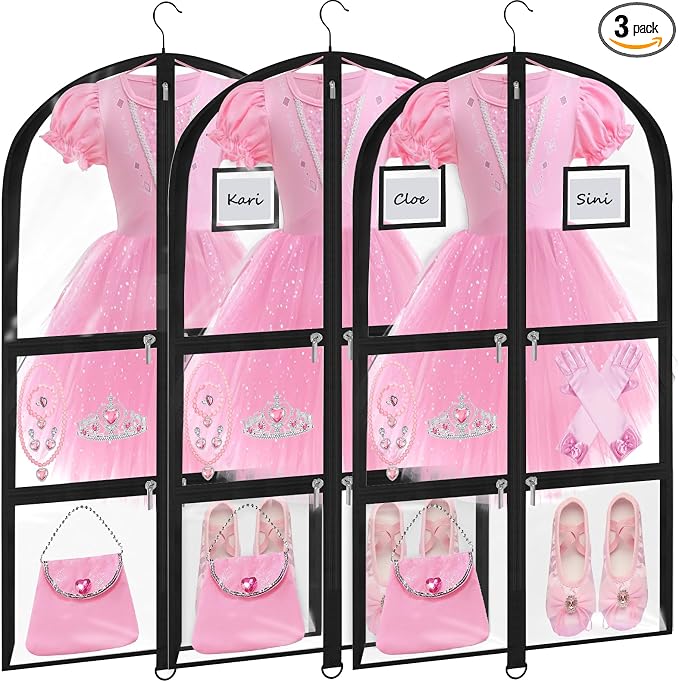 Garment Bags for Dance Costumes - 40 Inch Clear PVC with 5 Zipper Pockets (3 Pack) - Kids Dance Garment Bag for Dancers, Hanging Clothes Storage, Competitions & Travel (‎Clear Black)