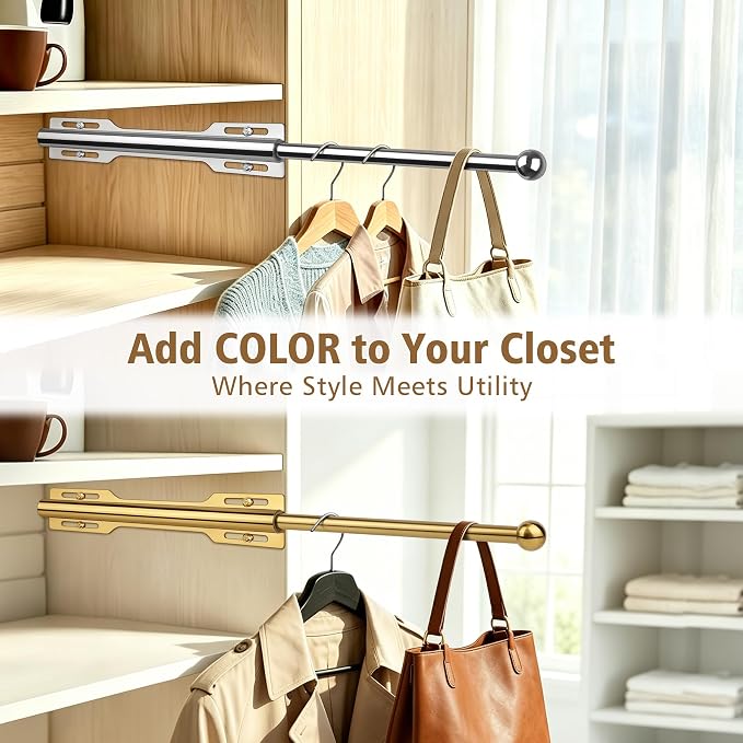 Valet Rod for Closet Pull Out, 12" Adjustable extending closet rod, Standard Retractable closet rod organization rack, Valet Clothing Hanger Rods Extender for Wardrobe Laundry Bathroom (Brushed Gold)