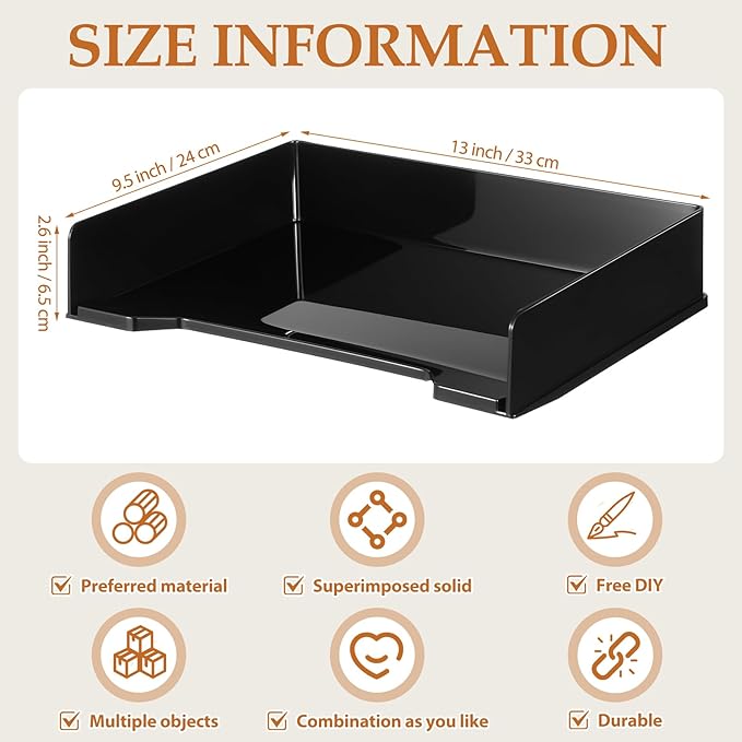DoubleFill 8 Pcs Stackable Letter Tray Rectangular Plastic Desk Organizer 13 x 9.5 x 2.6 in Paper Holder File Tray Accessories Rack for Desktop Office Desk Drawers (Black)