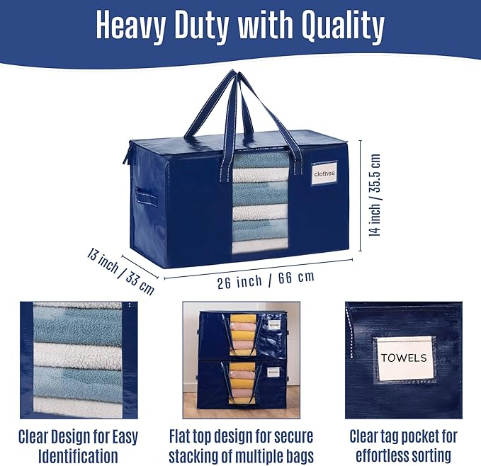 VENO 8 Pack Heavy Duty Moving Bags, Clothes and Comforter Storage Bags with Clear Window, College Dorm Essentials Packing Supplies, Foldable Boxes Alternative (Blue, 8 Pack)