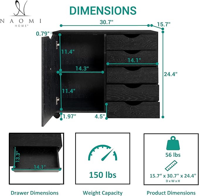 Naomi Home Wooden 5 Drawer Dresser with Cabinet Shelves and Wheels, Drawer Dresser for Bedroom Closet and Dressing Room Storage in Distressed Black