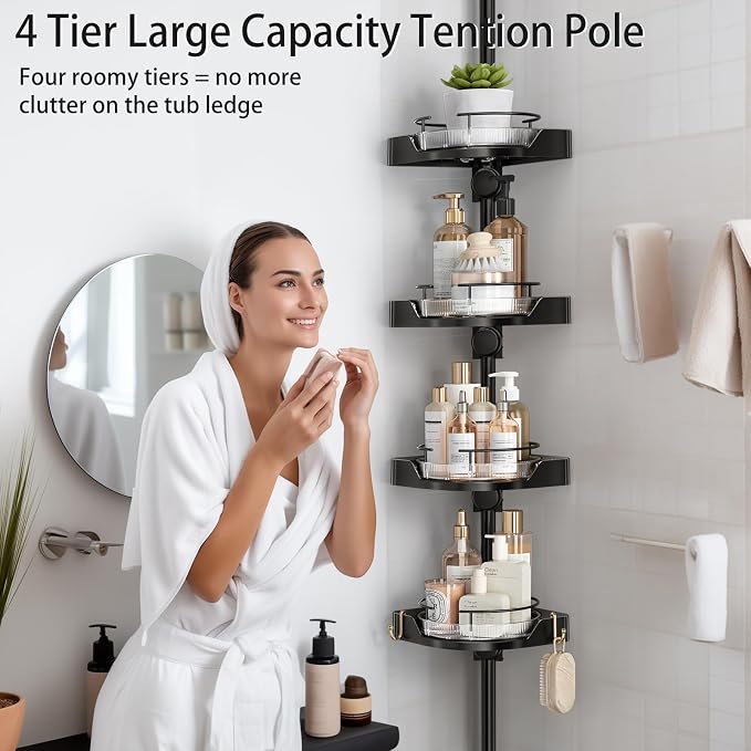 shuang qing 360° Rotating Corner Shower Caddy Tension Pole Organizer, 4-Tier Adjustable Shower Shelves, Rustproof Metal Pole with Safety Guardrail, Bathroom Storage for Shower & Bathtub (Black)
