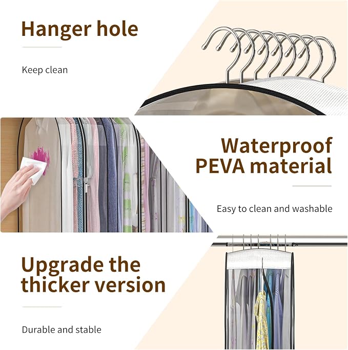 Upgraded Thickened Clear Garment Bags for Hanging Clothes 4 Packs, 10“ Gusseted Clothes Hanging Storage Bags for Closet, Shirts, Coats, Dresses (60 inch)