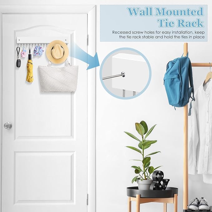 Tie Rack Belt Hanger Wall Mounted, Lomrsiul Non Slip 180 Degree Rotating Tie Organizer for Men Closet with 18 Hooks Closet Organizers and Storage for Tie Belt Necklace Purse Scarf Bag White 2 Pack