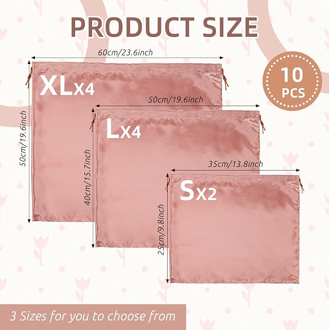 10 Pcs Dust Bags for Purses and Handbags Silk Dust Cover Bag for Handbags Purses Shoes Boots Silk Drawstring for Storage, 3 Sizes(Pink)