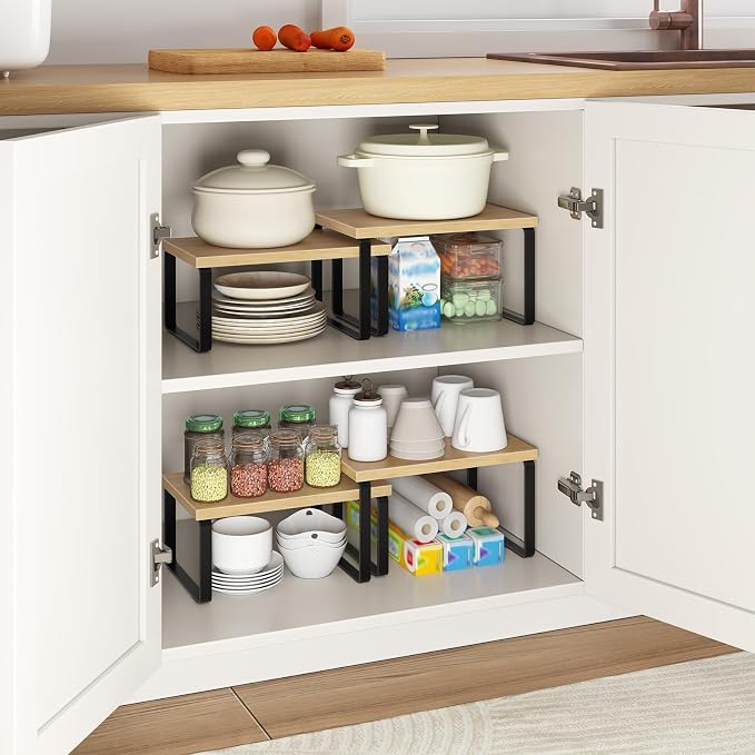 HOOBRO Cabinet Organizer Shelf, Set of 2, Kitchen Countertop Organizer, Kitchen Countertop Shelf, Spice Rack for Counter, Stackable, Expandable for Cabinet, Kitchen, Natural and Black BN33TL01