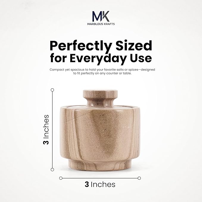 MARBLOUS KRAFTS Marble Salt Cellar 3 Inch Brown Salt Holder With Lid for Spice Jar & Stone Salt Container, Modern Sugar Bowl, Countertop Storage