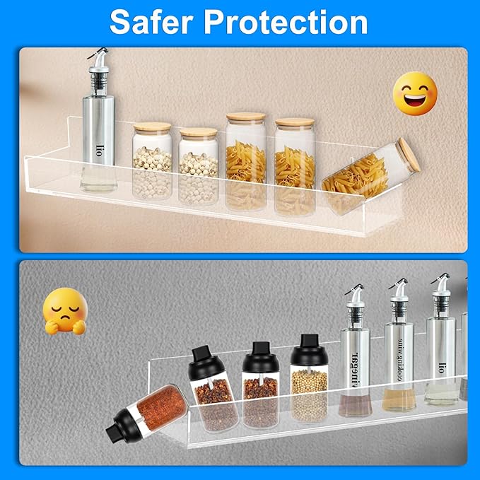Clear Acrylic Spice Rack, Wall Mounted, 15 inch, 4 PCS | Floating Shelf, Removable End Guards, For Kitchen Cabinet Door Cupboard Bathroom, Holds Jars Nail Polish Books Toiletries
