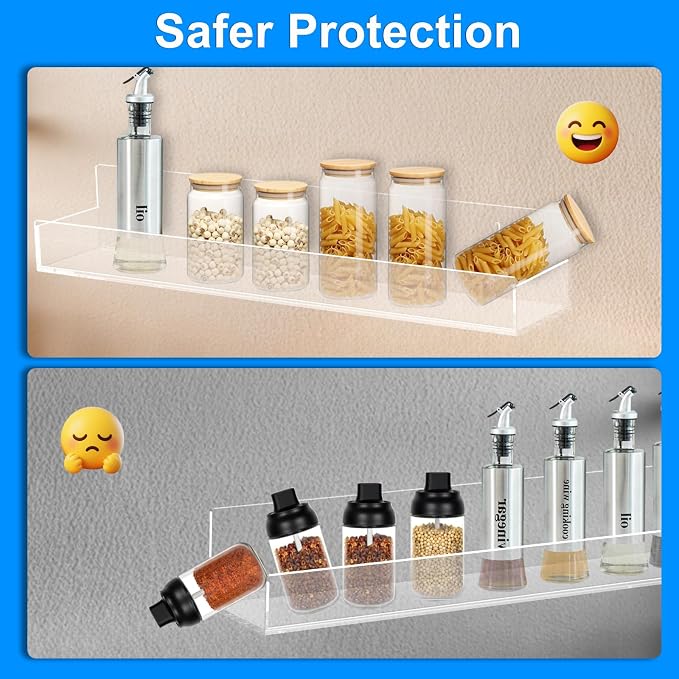 Clear Acrylic Spice Rack Wall Mounted 15 inch Floating Shelf with Removable End Guards for Kitchen Cabinet Door Cupboard Bathroom Holds Jars Nail Polish Books Toiletries 6 pcs