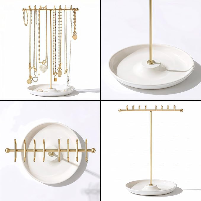 Gold Necklace Holder with Tray - 16 Hooks for Hanging Jewelry | The Tray Space is Suitable for Multifunctional Storage of Earrings, Rings, Lipstick, Watches & More - Jewelry Organizer