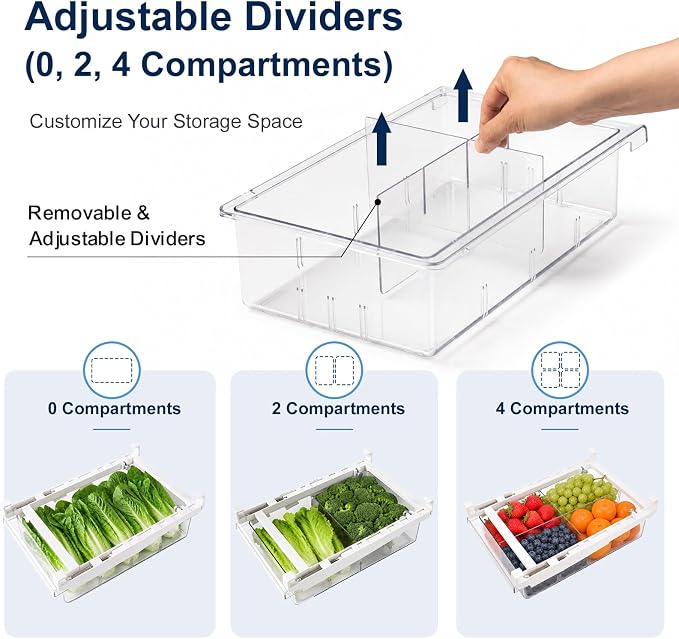 Fridge Drawer Organizer Pull-Out Under Shelf Bin, Adjustable Dividers | BPA-Free Clear Space-Saving Storage