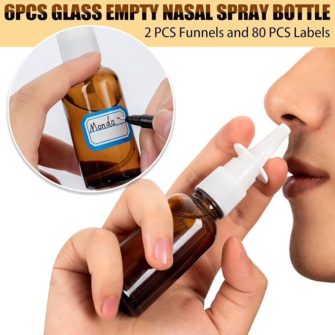 10 Pcs Nasal Spray Bottle, 30ML/1oz 6 Pcs Glass Nose Spray Bottle Empty, Fine Mist Sprayers Atomizers with 2 Funnels and 2 Labels