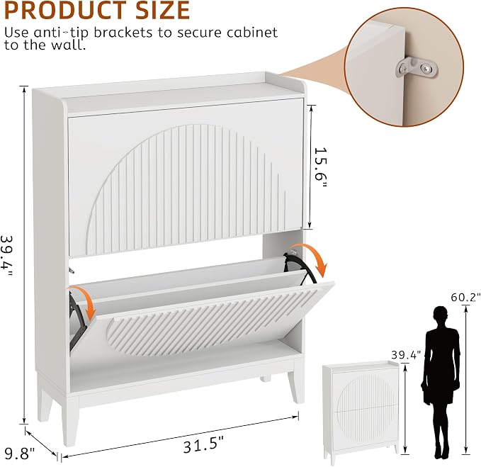 Vlsrka Shoe Cabinet with 3 Doors, Narrow Wooden Shoe Cabinet, Hidden Shoe Storage for Entryway, Foyer, Hallway (White CCC)