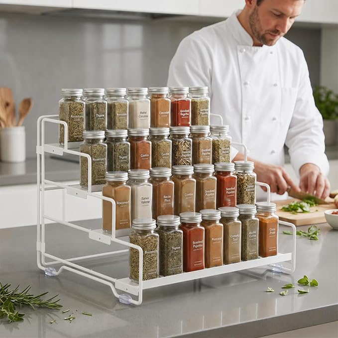 4-Tier Spice Rack Organizer for Cabinet, Adjustable Tiered Seasoning Holder, Metal Spice Shelf Organization for Kitchen, Countertop Cupboard Pantry, Space Saving Storage Shelf, Stepped Display Riser