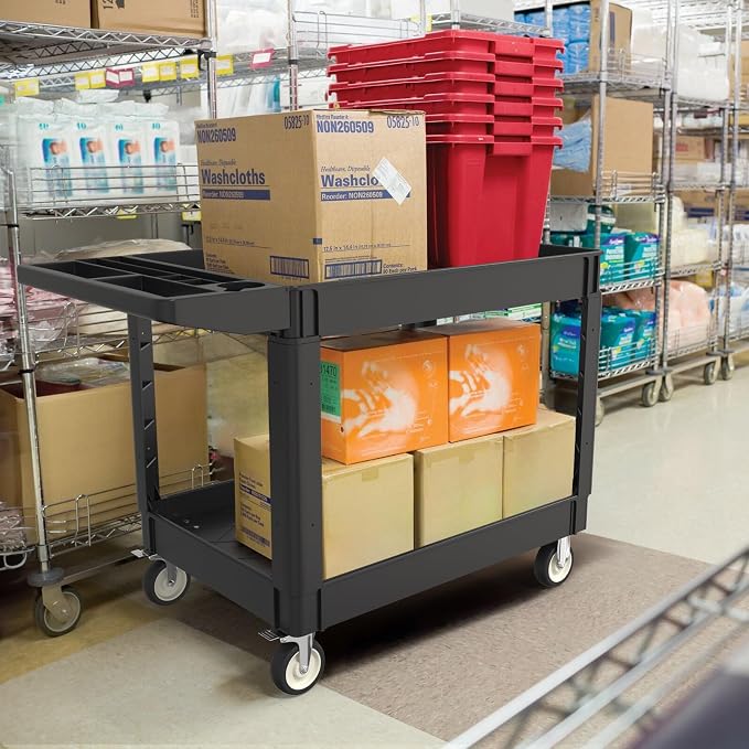 Plastic Utility Cart on Wheels, 45 x 25 Inch Rolling Service Cart-Black | 2 Shelf Work Carts, 500 lbs Capacity Heavy Duty Tool Cart W/Tub Storage & Deep Shelve, for Warehouse, Garage, Cleaning