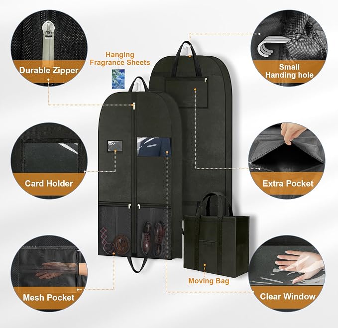 Travel Garment Suit Bag for Hanging Clothes, Suit bags for Closet Storage with Pockets Gusseted Garment bag for Men Suits Shirts Tuxedos Dresses, Suit Cover Bags With Handles and Zipper 54" 2 pack