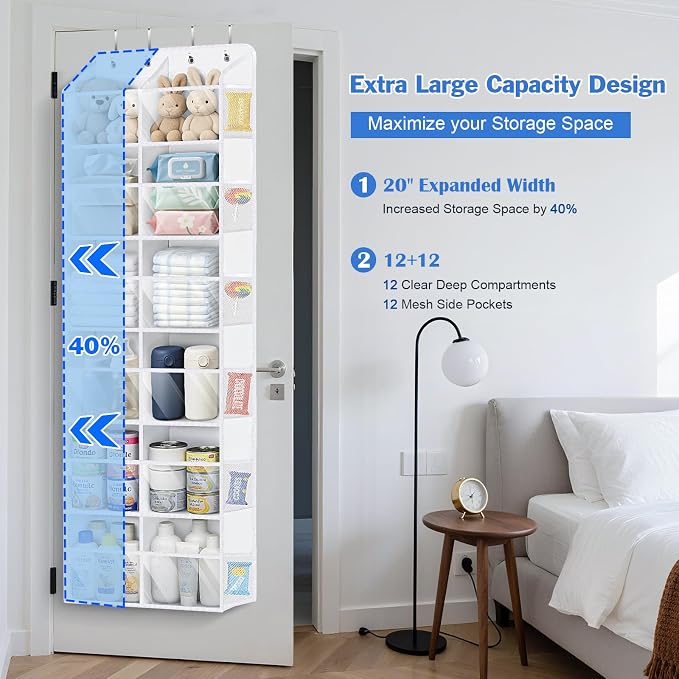 Univivi Over the Door Organizer, 6 Tiers Large Behind Door Storage, White | Large Capacity, 12 Clear Compartments, 12 Side Pockets, Door Hanging Organizer for Closet, Bedroom, Nursery, Sundries